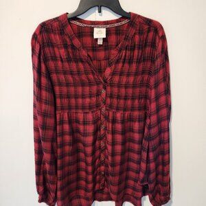 Knox Rose Women's Red Black Plaid Long Sleeve Button Down Style Blouse Top XXL